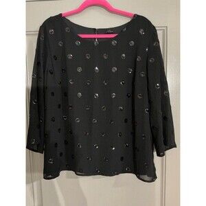 Talbots Black Lined Sheer sleeves, bedazzled circles button neck sip side Sz XL